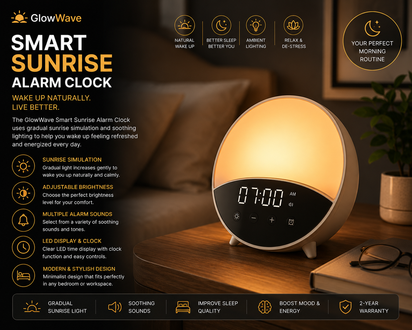 GlowWave Smart Sunrise Alarm Clock