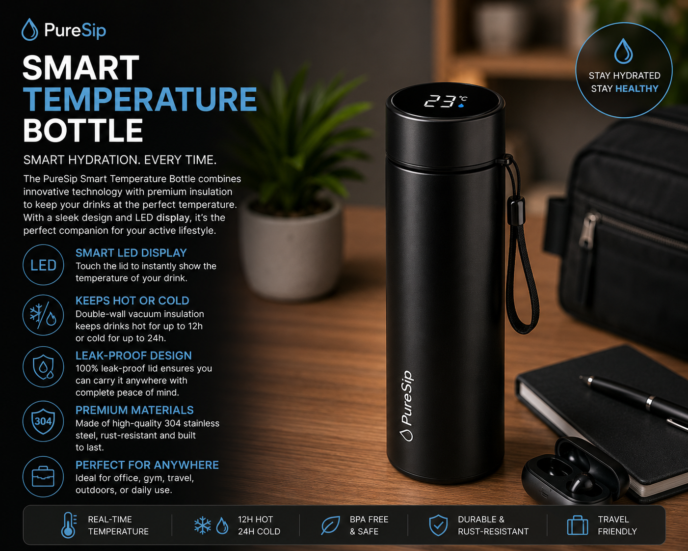 PureSip Smart Temperature Bottle