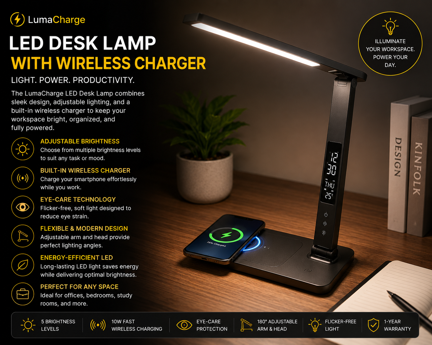 LumaCharge LED Desk Lamp with Wireless Charger