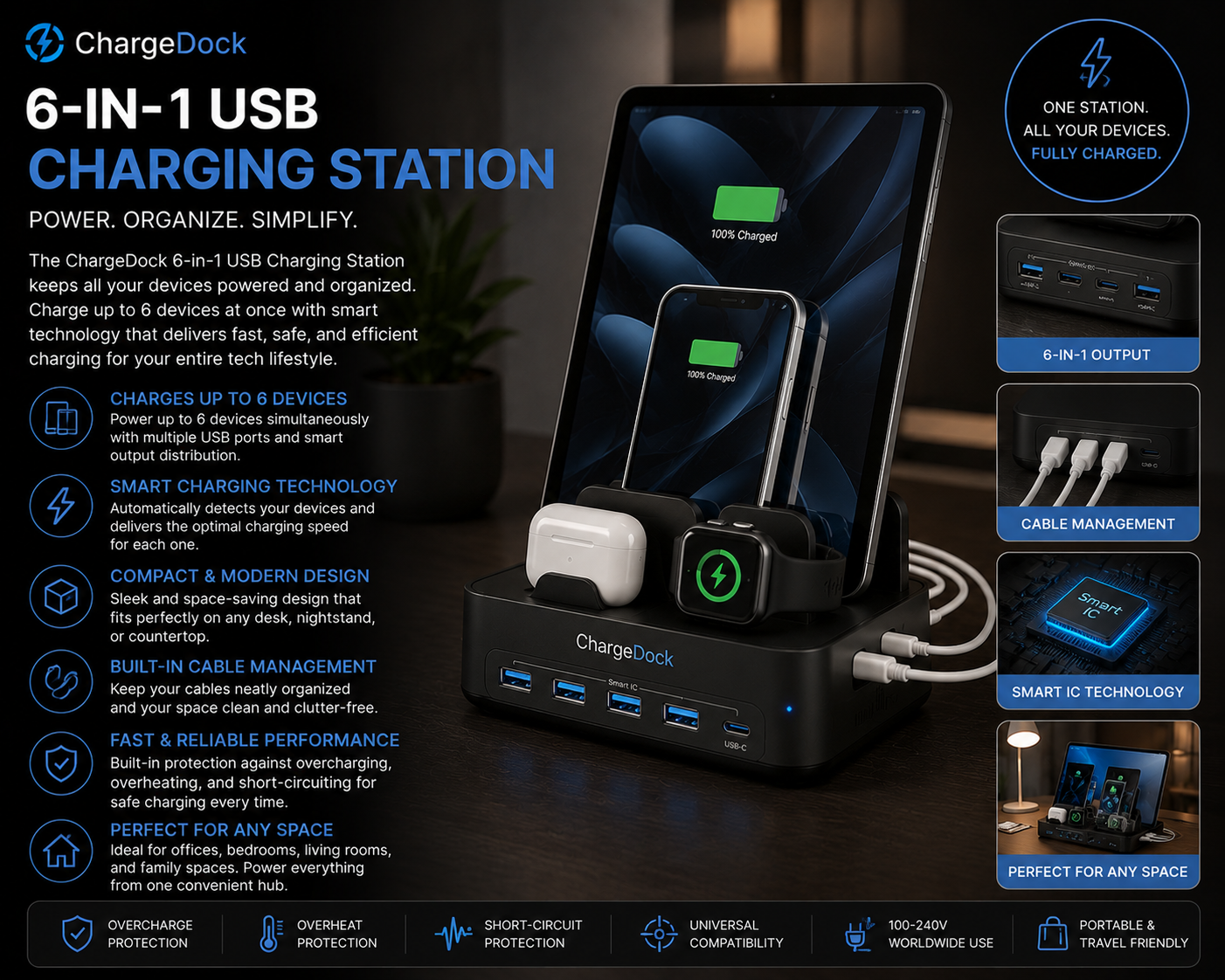 ChargeDock 6-in-1 USB Charging Station