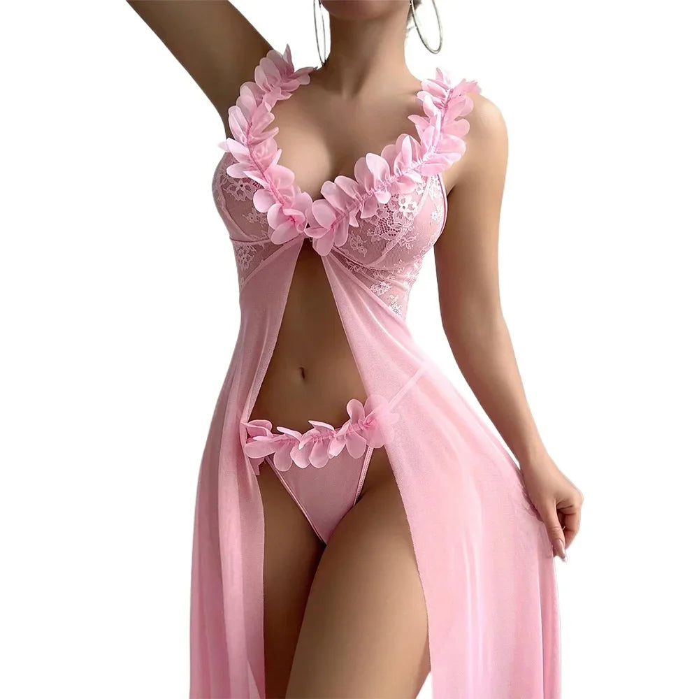 Pink Lace Mesh Babydoll  | Clestora