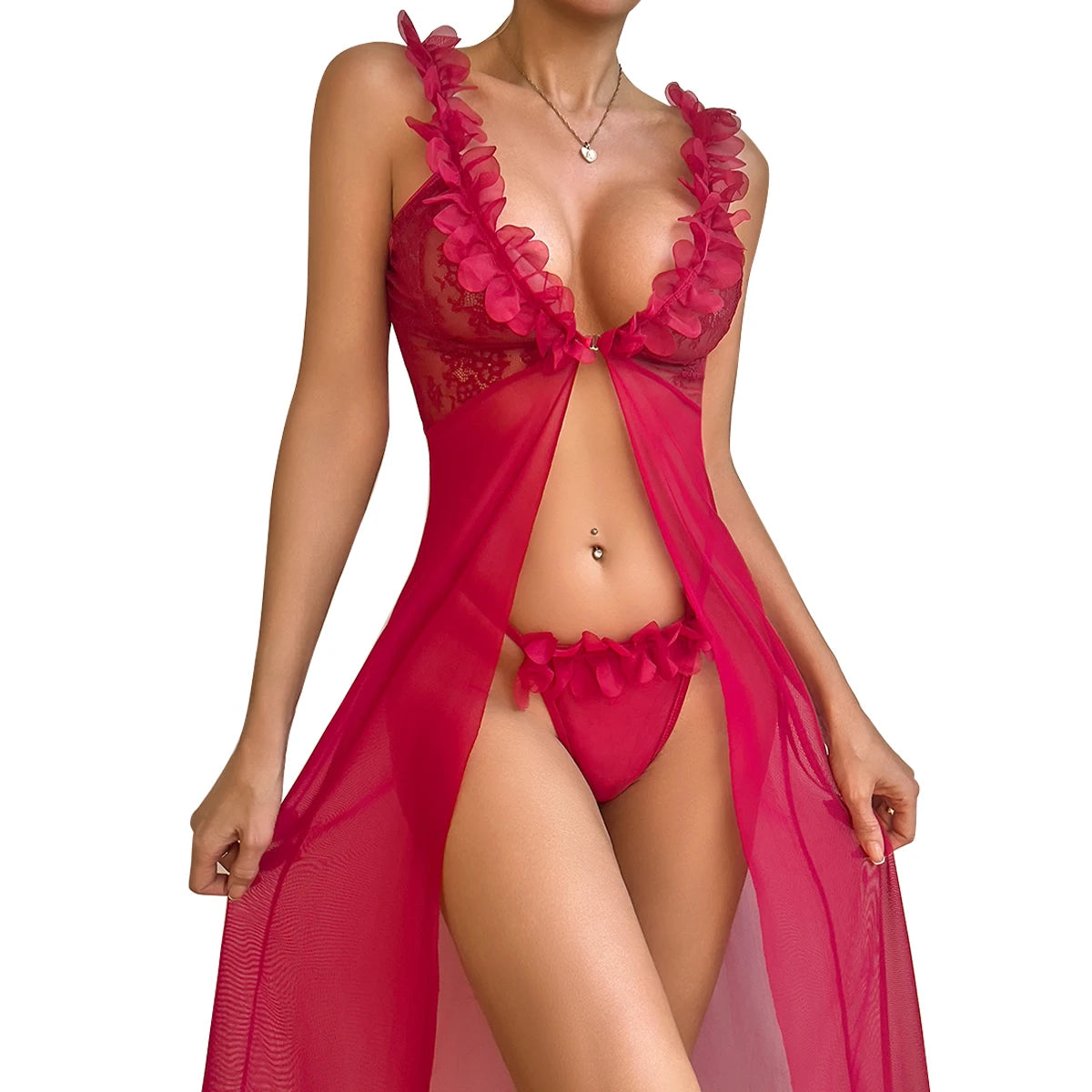 Red Lace Mesh Set Babydoll  | Clestora