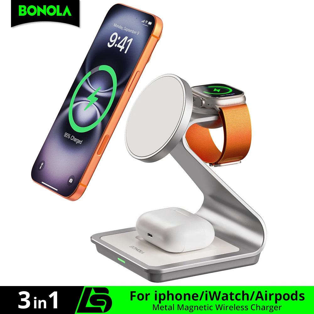 Bonola 3 in 1 Magnetic Wireless Charger for iPhone 17/16/15/13/14/12 30W W | Clestora