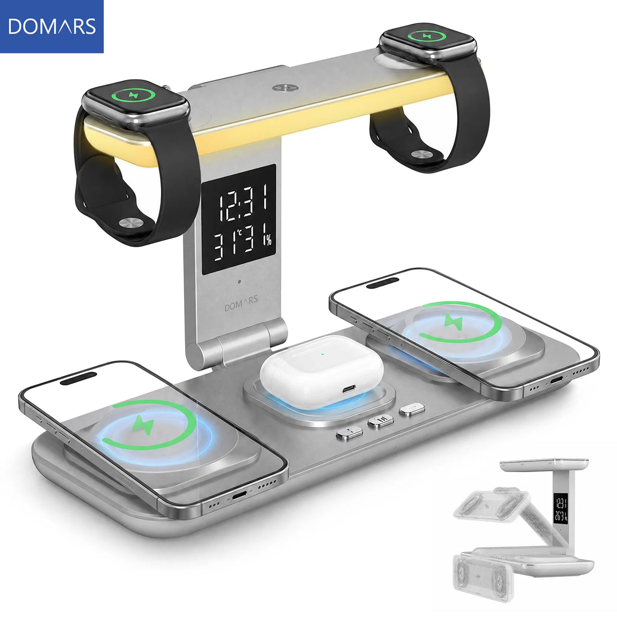 Domars 5 in 1 Foldable Wireless Charger with Touch Night Light, Clock, Tem | Clestora