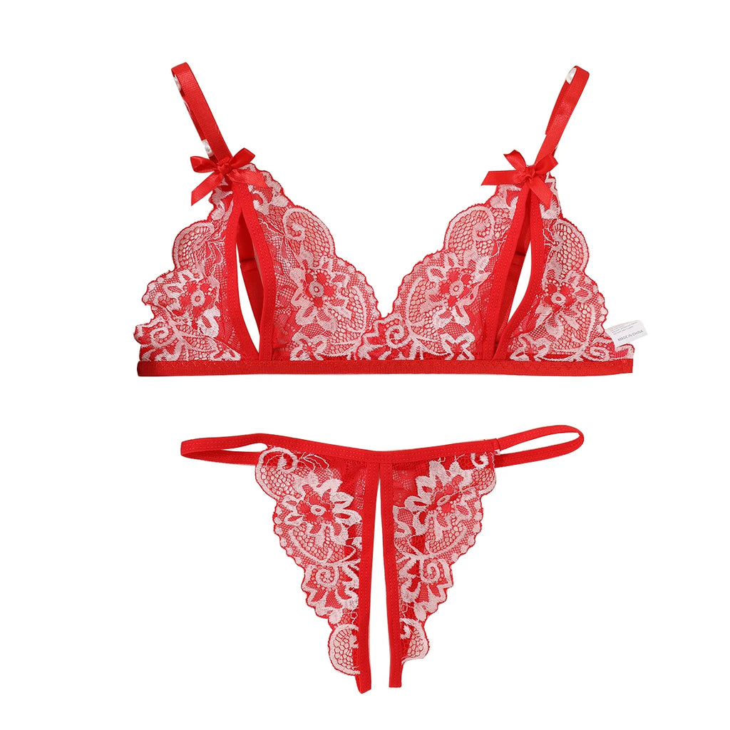 Red Lace Set Bow Detail Bra & Panty Set  | Clestora